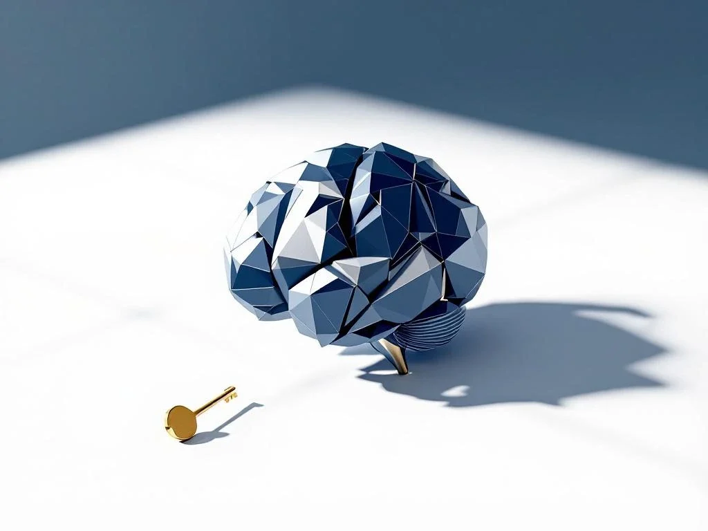 Geometrische hersenvorm van marineblauw puzzelstukjes met gouden sleutel op witte achtergrond voor intellectueel eigendom