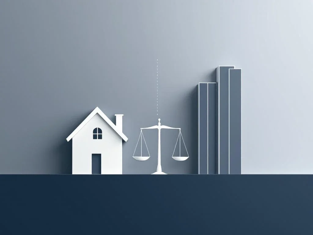 Weegschaal tussen wit huis en bedrijfsgebouw op blauwe achtergrond, symboliseert keuze tussen familie en zakelijk leven