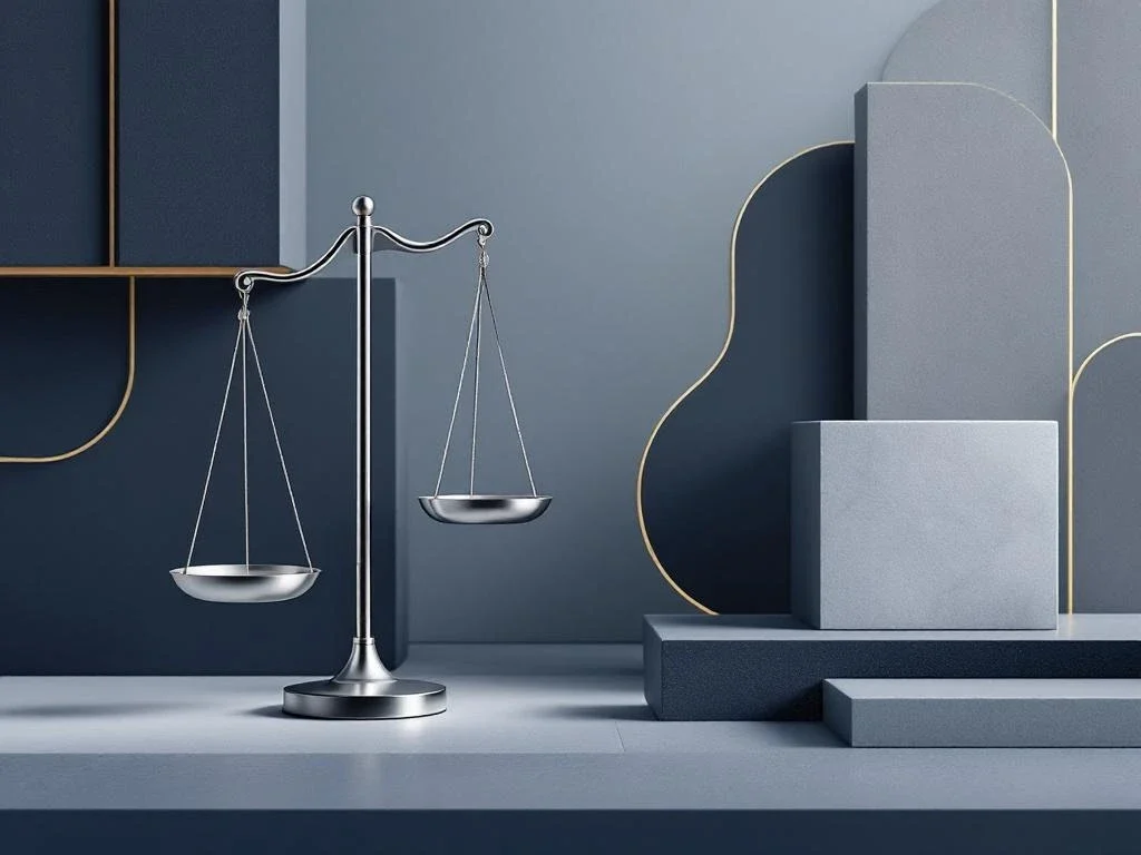 Zilveren weegschaal van justitie met geometrische vormen die bedrijfsfusie en regelgeving symboliseren in navy en grijs