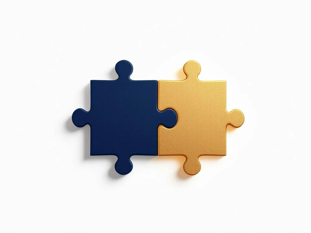 Two interlocking geometric puzzle pieces in navy blue and gold on white background, symbolising M&A partnership
