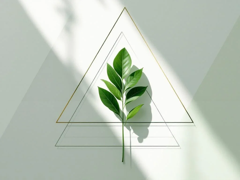 Groen blad omringd door geometrische vormen op witte achtergrond, symboliseert milieu due diligence analyse