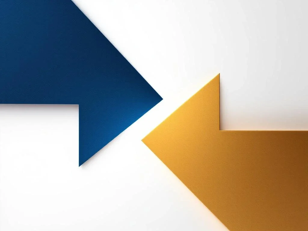 Two geometric arrows in blue and gold point to each other on white background, symbolises negotiation