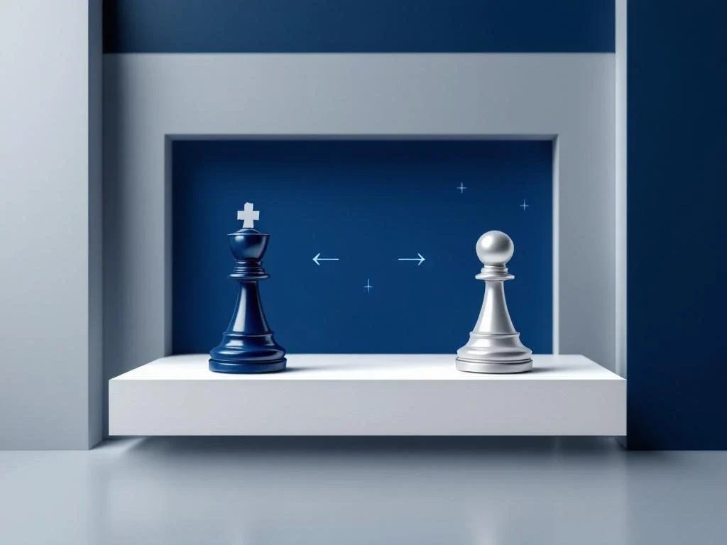 Twee geometrische schaakstukken in donkerblauw en zilver op witte ondergrond met strategische pijlen en gradiënt achtergrond