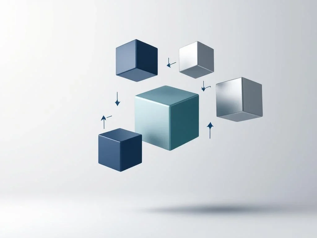 Geometrische blokken verbonden door pijlen die bedrijfsactivatransfer illustreren op witte achtergrond
