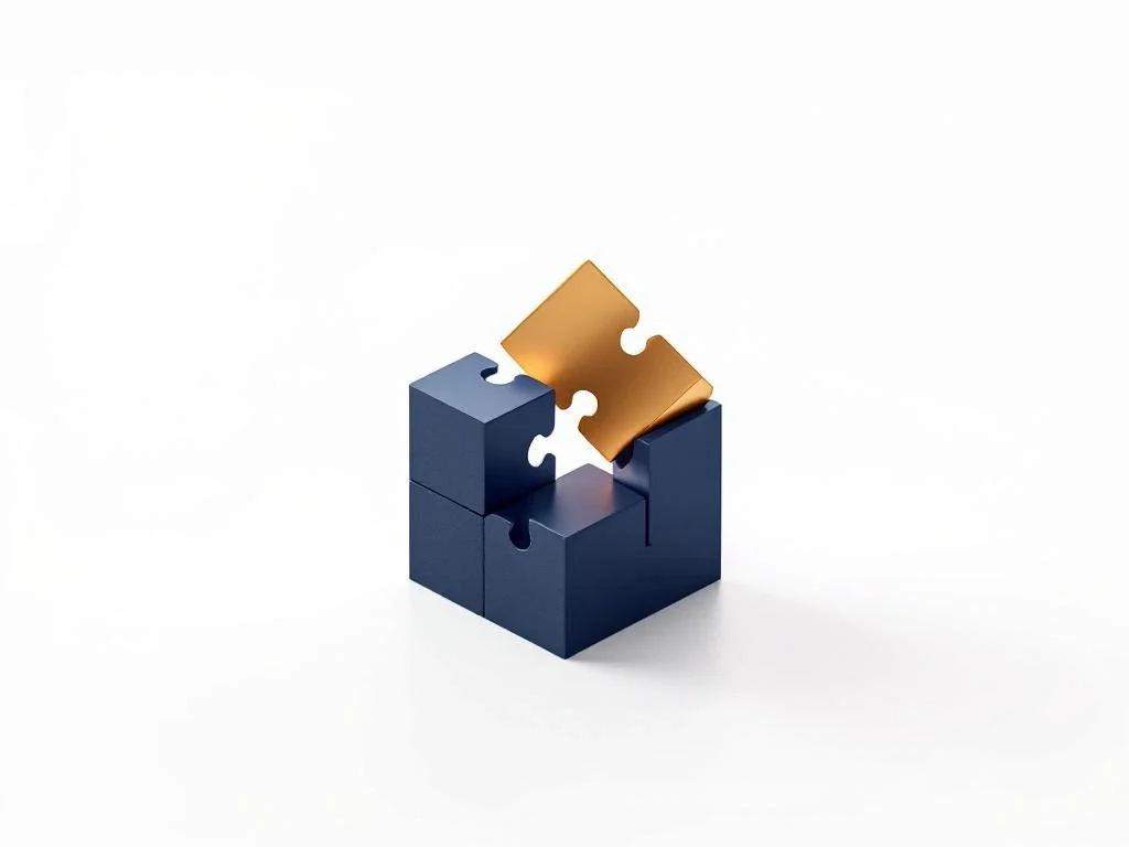 Geometrische bouwblokken in marineblauw en goud die strategische bedrijfsintegratie symboliseren op witte achtergrond