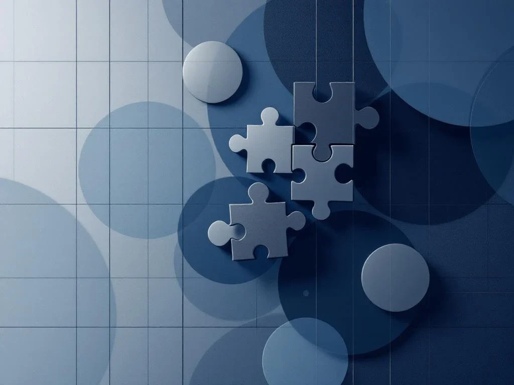 Geometrische puzzelstukken in marineblauw en zilver met architecturale lijnen, symboliseert complexe bedrijfsstructuren