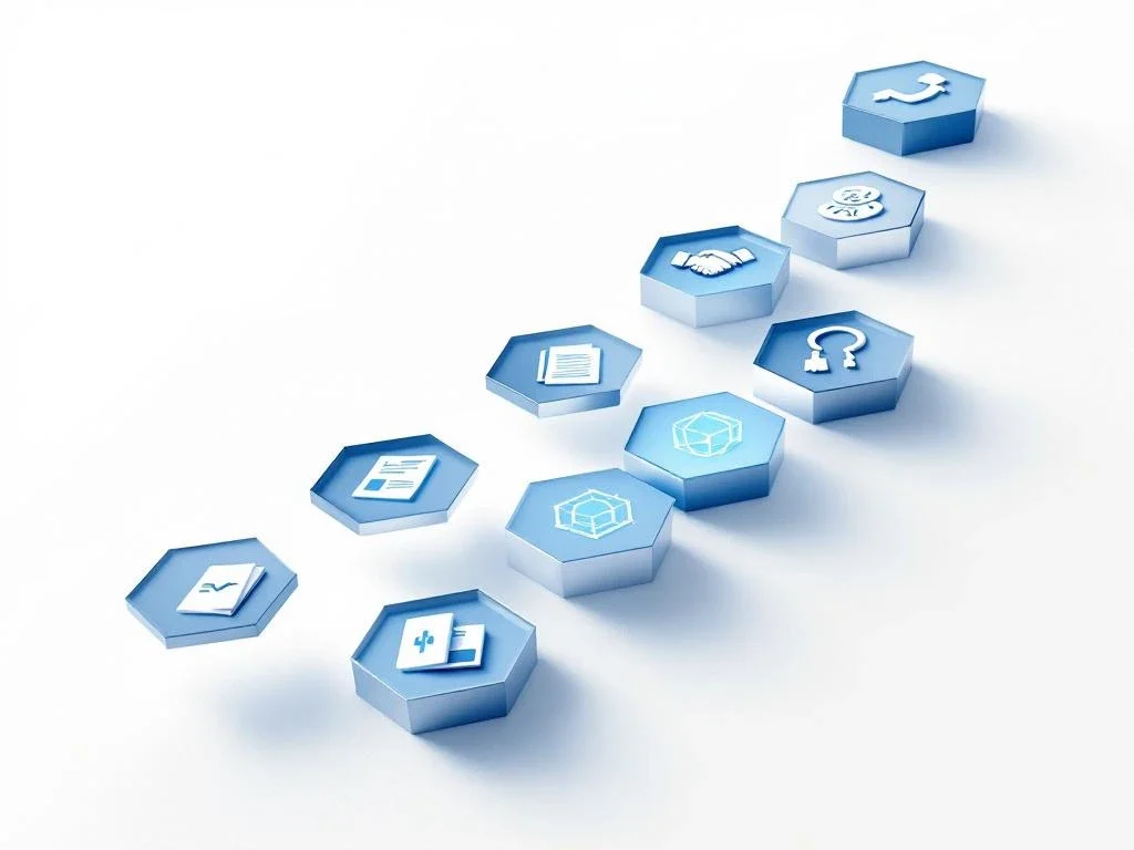Hexagonal stepping stones in corporate blue form an ascending path with contract and financial icons to a glowing endpoint