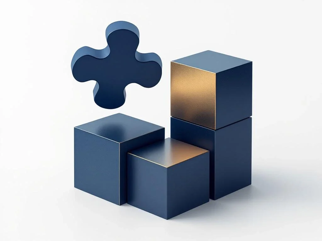 Geometric building blocks in navy blue and gold with one piece perfectly placed in a structure on white background