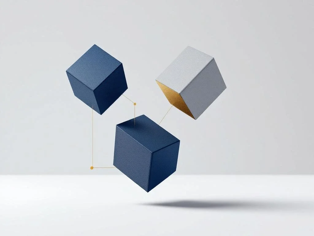 Geometrische blokken in navy, grijs en goud zweven verbonden in de lucht, symboliserend zakelijke transacties en deals.