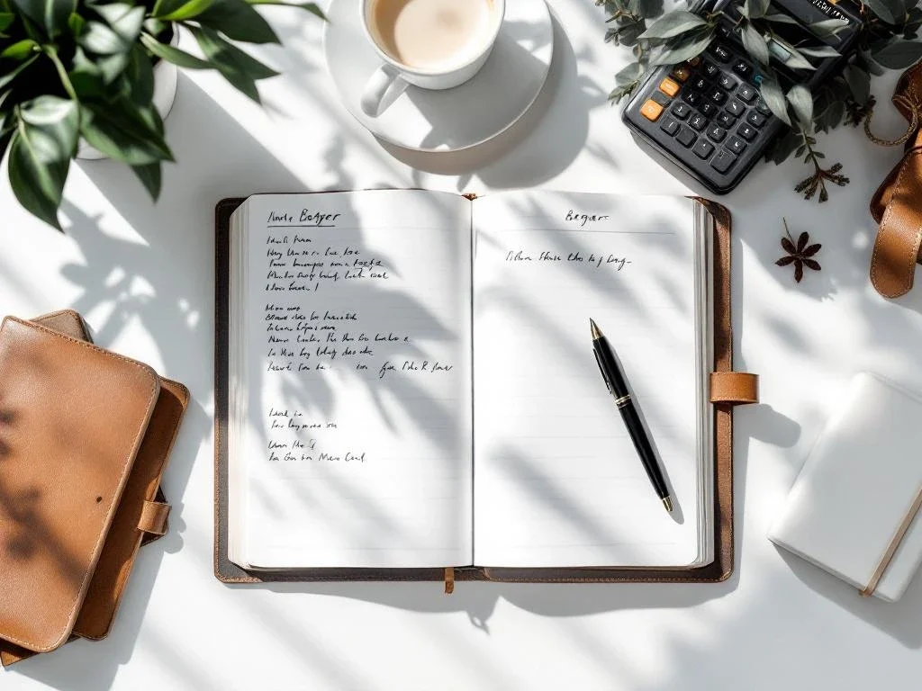 Open leather ledger with handwritten entries, silver calculator, and black fountain pen arranged on white desk surface