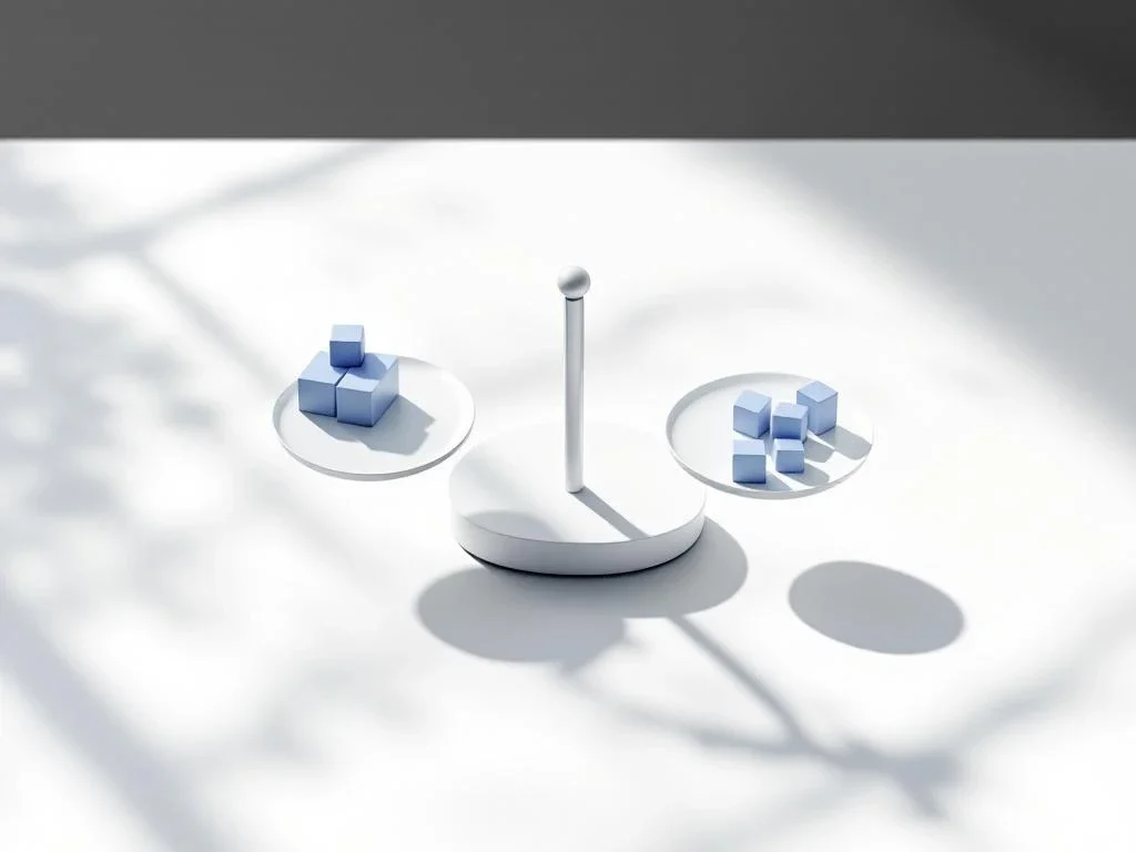 Balance scale with blue geometric cubes distributed on both sides, centered on white desk with natural lighting