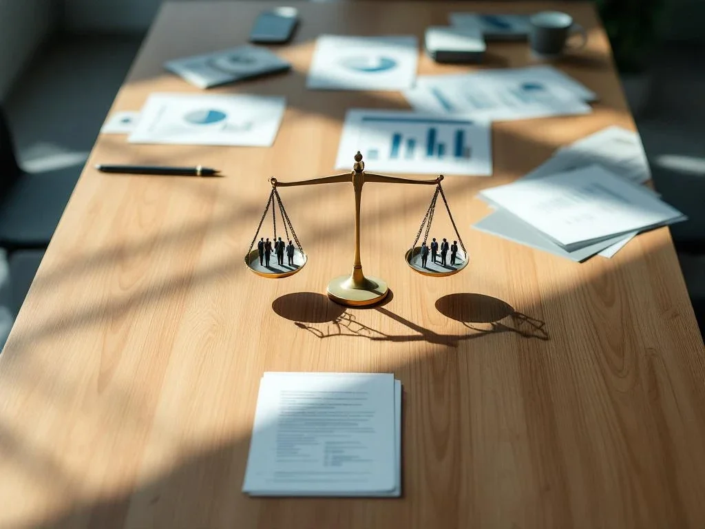 Balance scale with business figures on wooden conference table surrounded by financial documents and charts