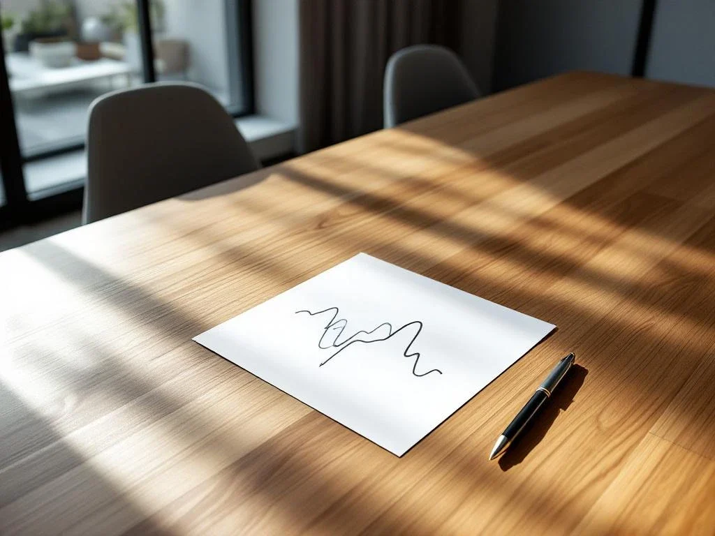 Graph chart with cyclical waves on white paper beside pen on wooden conference table in minimalist office setting