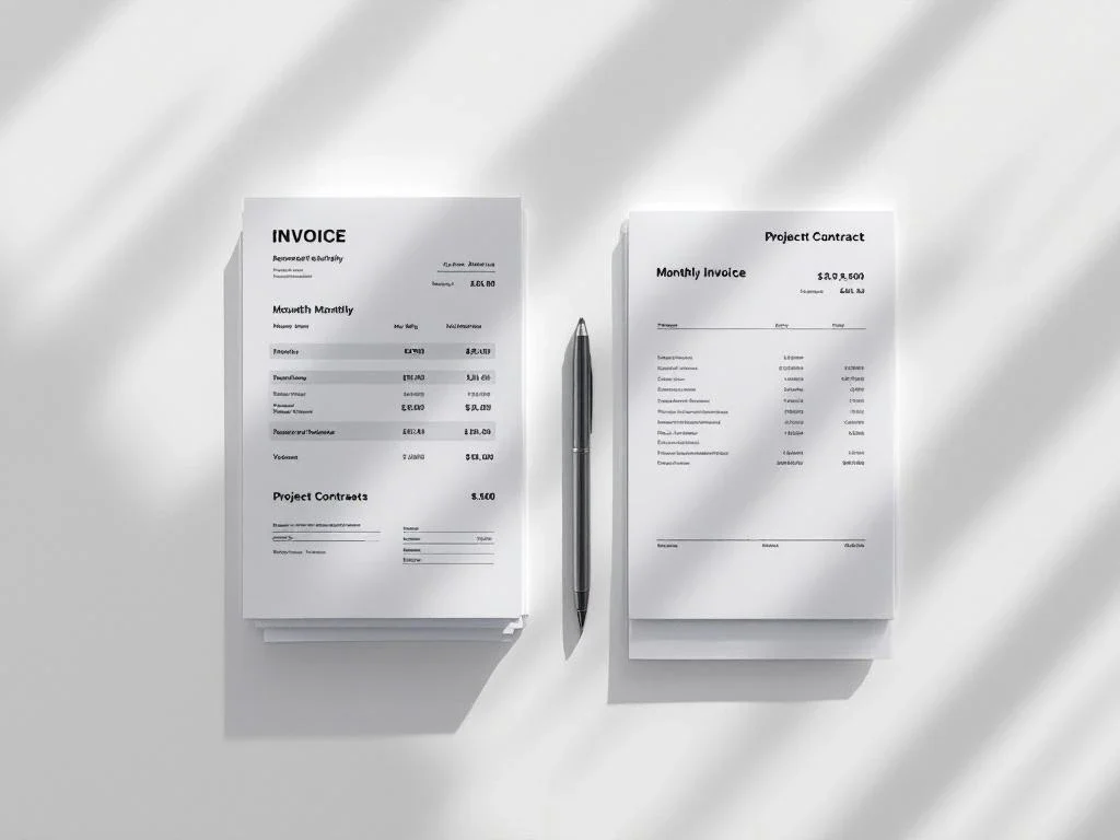 White desk with two document stacks showing invoices and contracts, calculator and pen between them, overhead view