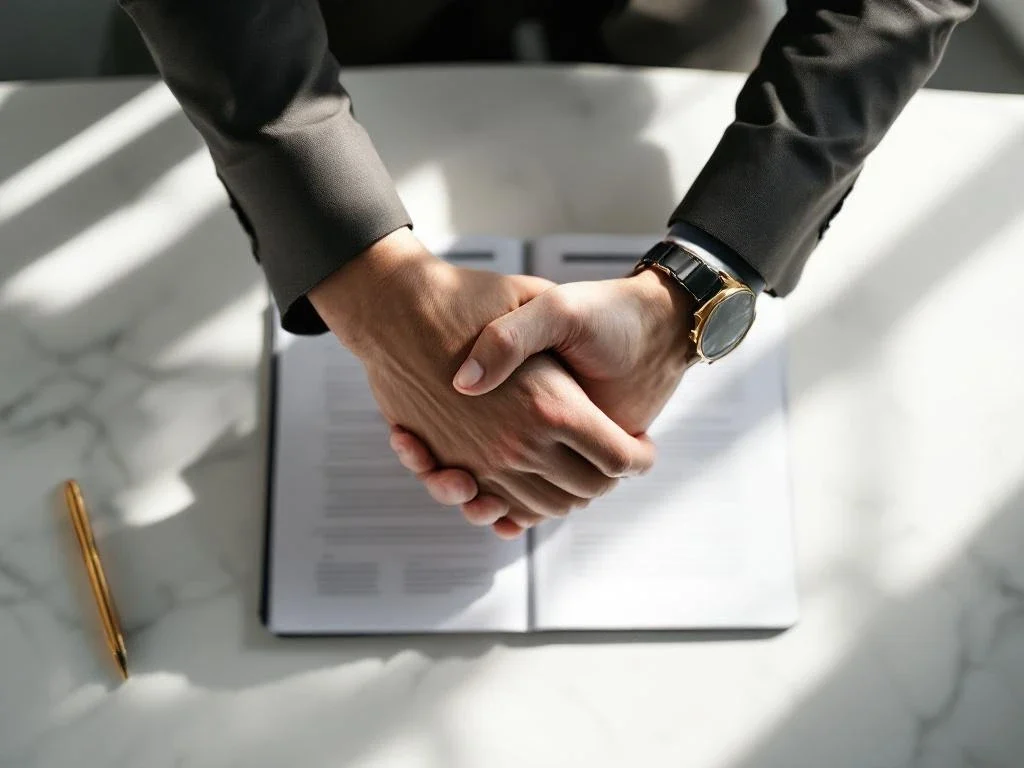 Business professionals shaking hands over marble conference table with documents and golden pen in bright office