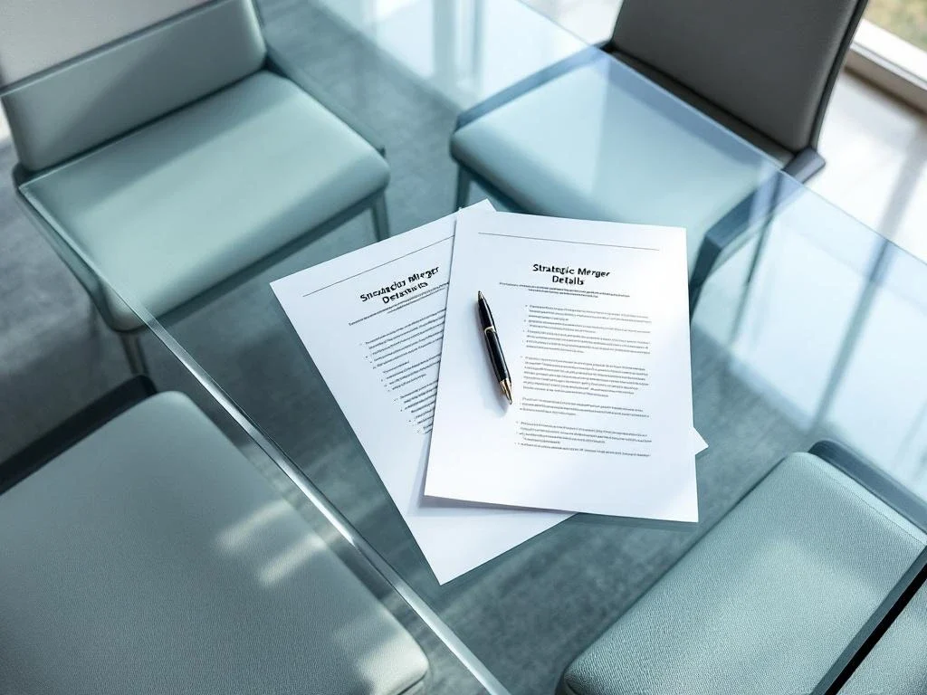 Business documents showing merger details on glass conference table with pen in modern meeting room