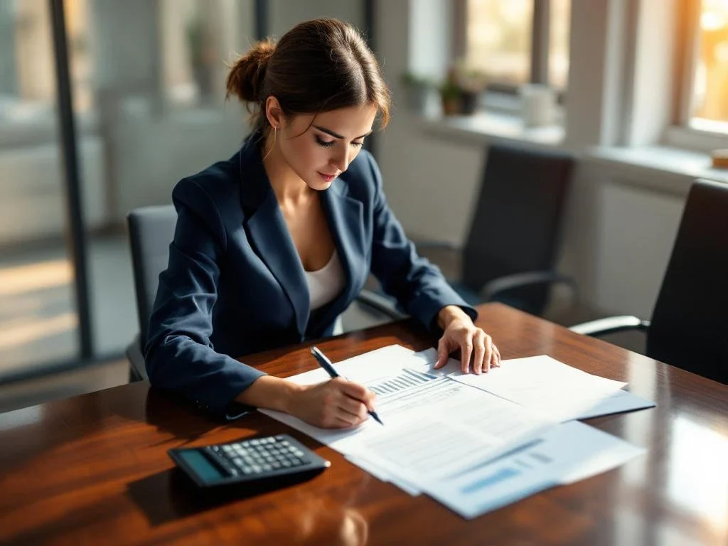 Professional businesswoman in navy suit reviewing financial documents at conference table with calculator