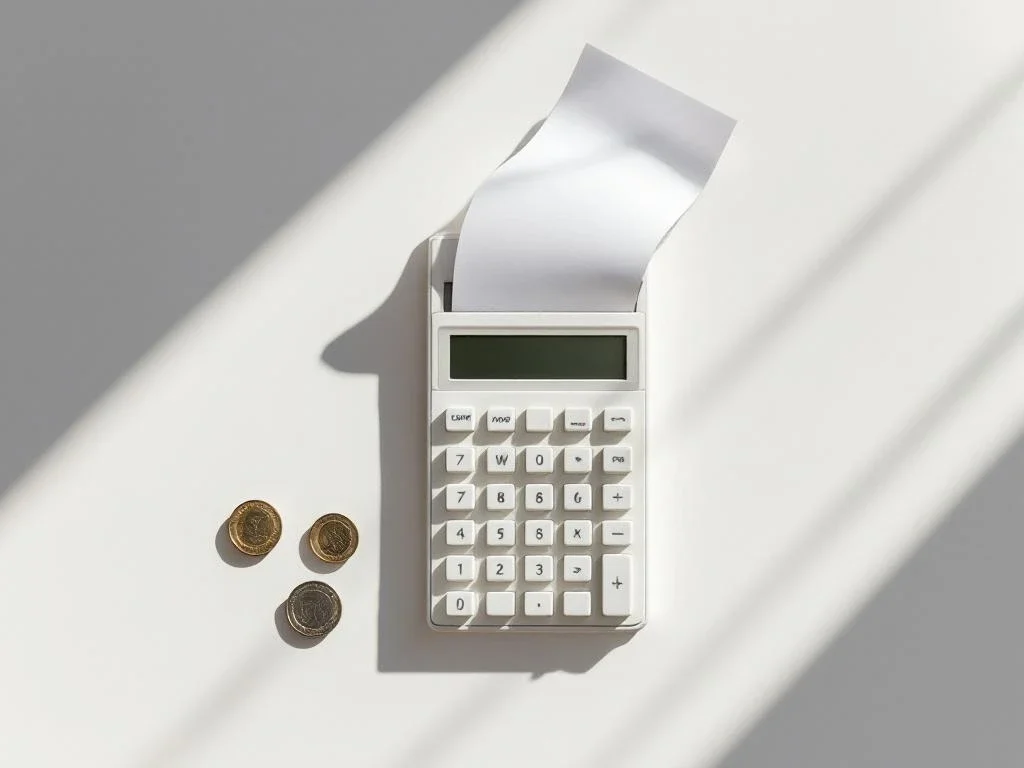 Calculator with receipt on white desk surrounded by scattered euro coins in minimalist office setting