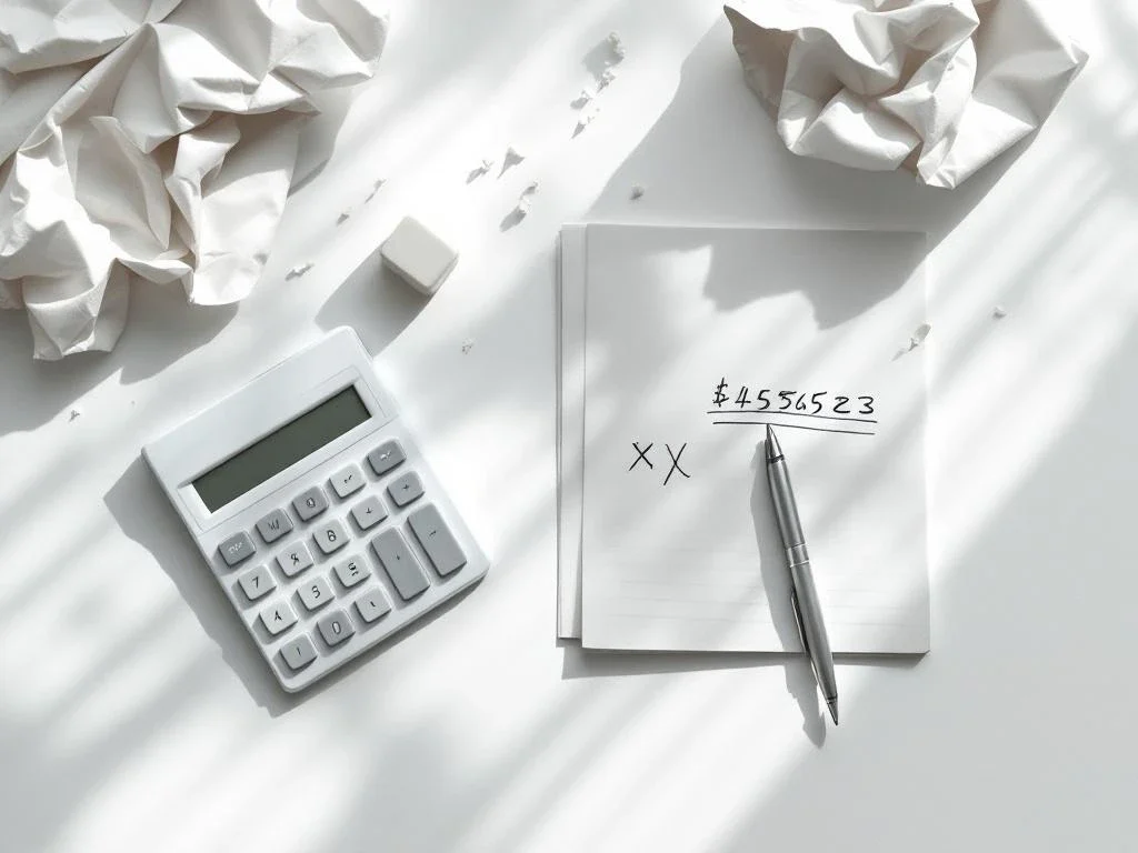 Calculator with incorrect numbers on white desk surrounded by crumpled financial documents and eraser shavings