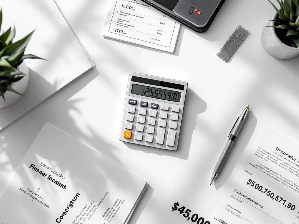 Calculator with numerical display on white desk surrounded by financial documents and pen in minimalist office setup