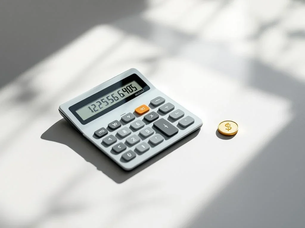 Digital calculator displaying financial figures on white desk next to gold coin with natural lighting and shadows