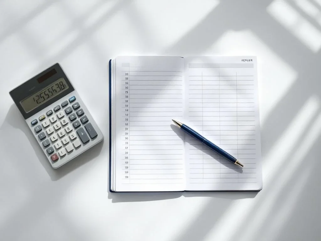 Calculator and open ledger book with silver pen on white desk surface in minimalist office setting