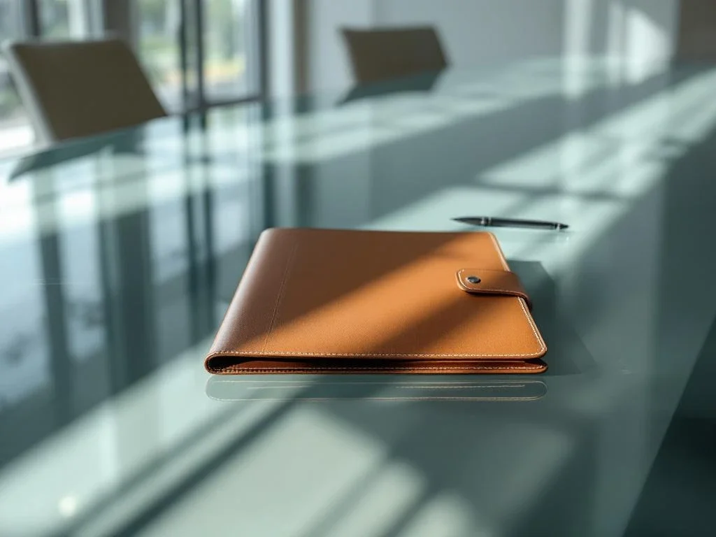 Leather portfolio folder with financial documents and silver pen on glass conference table in modern boardroom