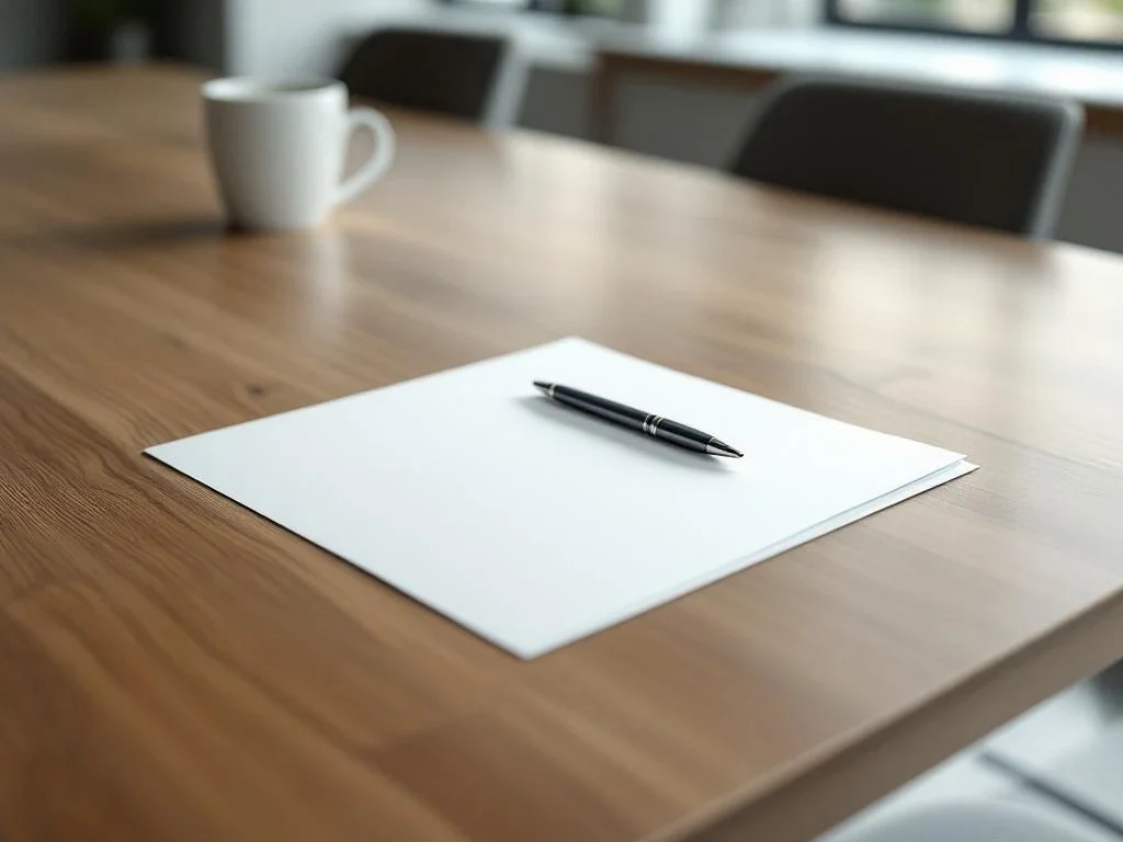 Contract document with silver pen on wooden conference table in minimalist office setting with natural lighting