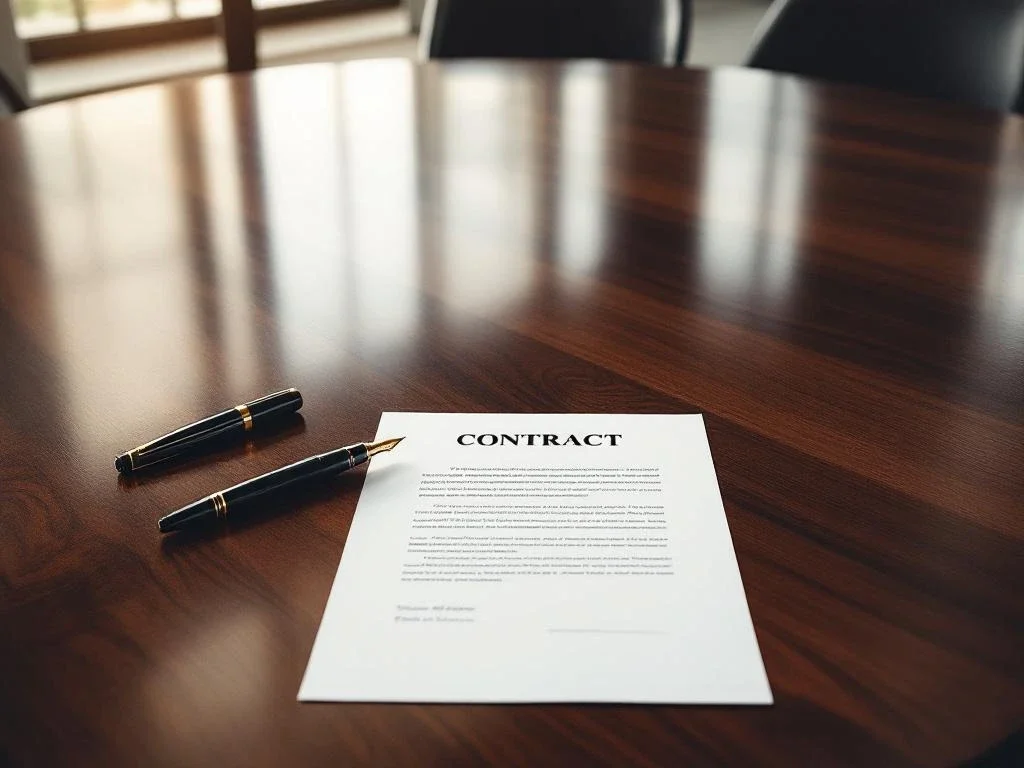 Fountain pen on signed contract document at mahogany conference table with natural window lighting in business office