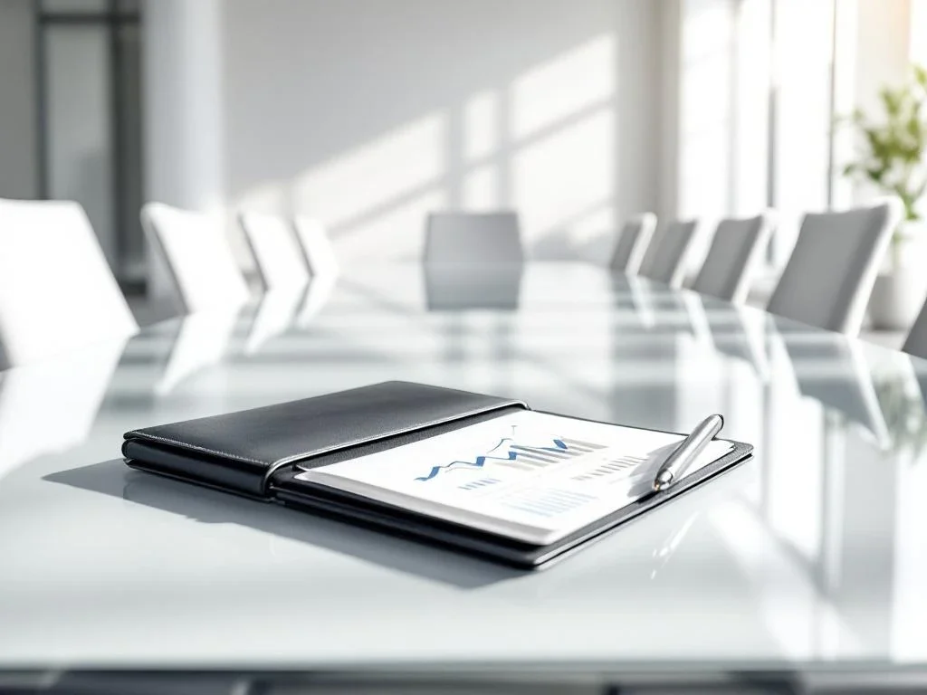 Financial charts showing upward trends on leather portfolio at glass conference table in modern boardroom with natural lighting