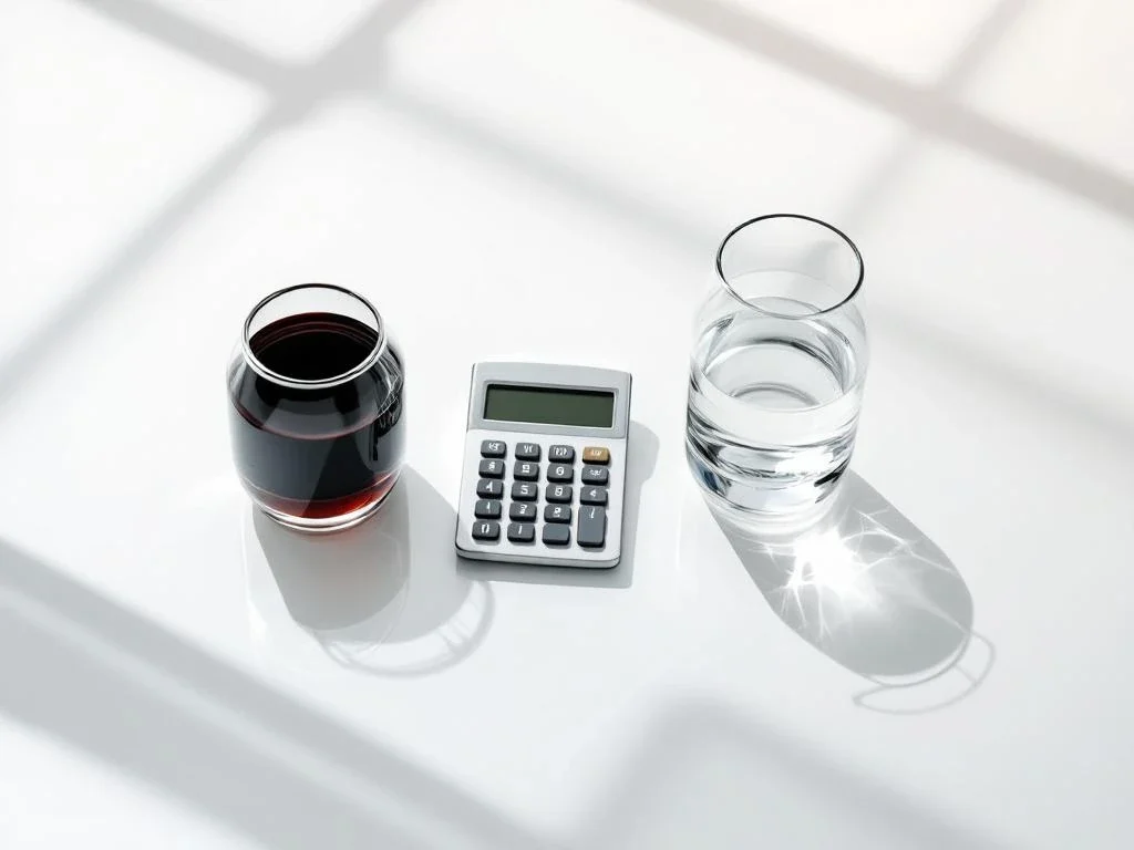 Two glass containers with dark and clear liquids representing gross and net debt on white desk with calculator between them