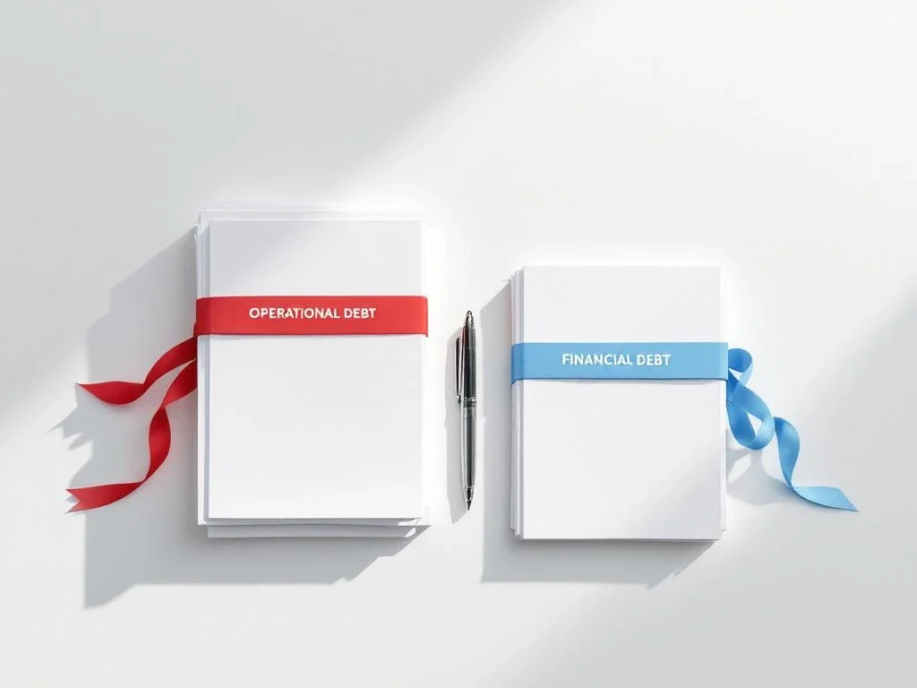 Two document stacks with red and blue ribbons on white desk with pen between them, representing operational and financial debt