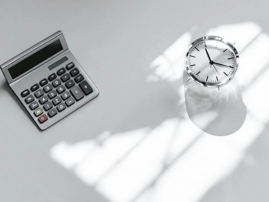 Analog clock with black hands on white desk beside calculator and financial documents in natural daylight