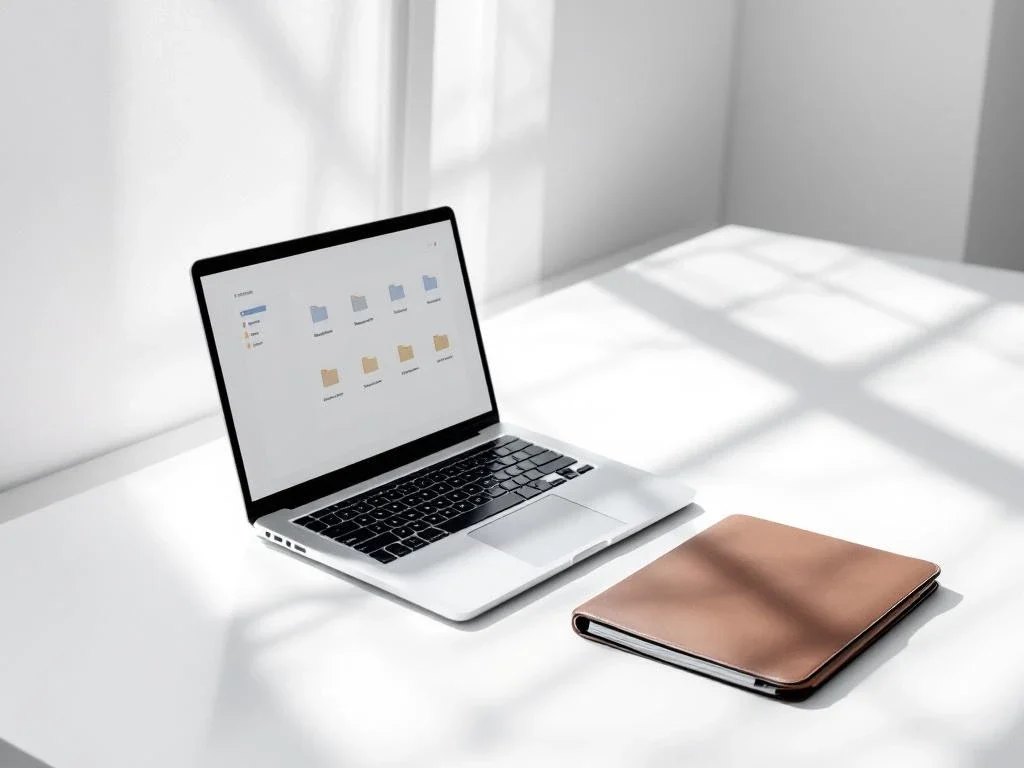 Modern laptop displaying digital folders on white desk beside leather portfolio in minimalist office with natural lighting
