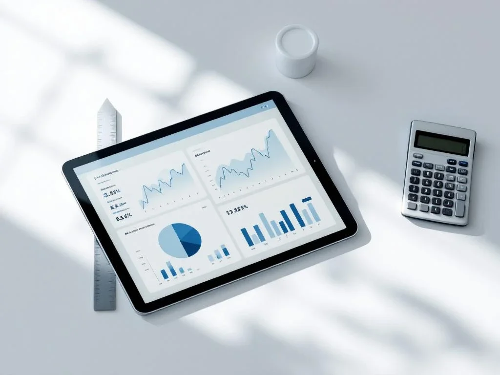 Digital tablet displaying financial charts on white desk with calculator and ruler in organised workspace