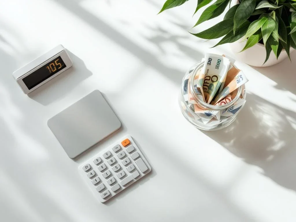 Glass jar filled with euro banknotes on white desk beside digital calculator in minimalist office setting