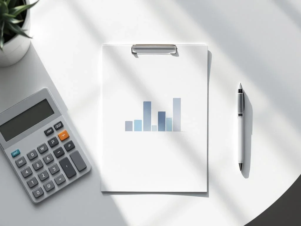 Modern calculator on white desk with financial charts, pen, and geometric graphs in minimalist workspace setting
