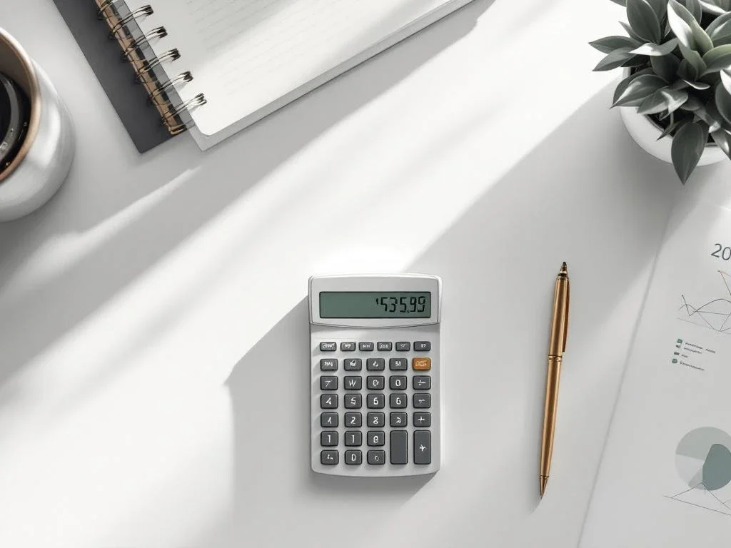 Digital calculator displaying financial data on white desk with geometric charts, gold pen, and minimalist workspace layout