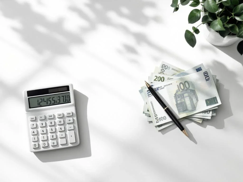 Calculator with financial figures on white desk beside stacked euro banknotes and pen in minimalist workspace