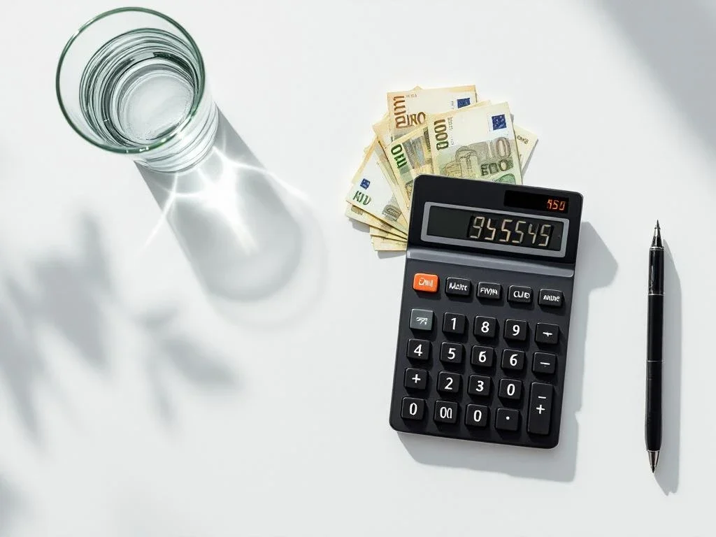 Digital calculator with financial numbers next to organized euro banknotes and glass of water on white desk