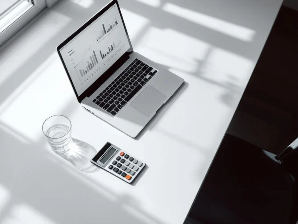 Open laptop displaying financial charts on minimalist white desk with calculator and water glass in modern office setting