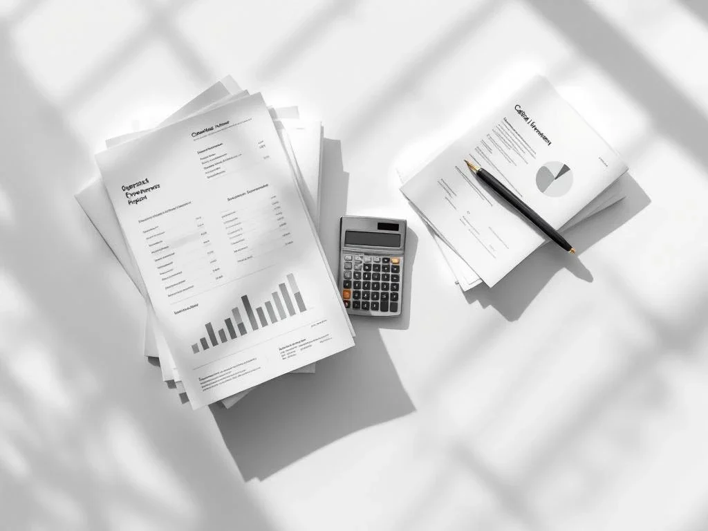 Two stacks of business documents with charts and graphs on white desk with silver calculator, overhead view
