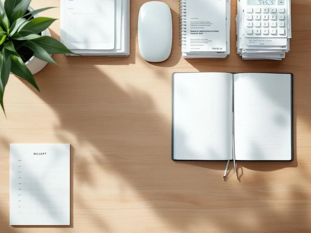 Calculator and organised receipts on wooden desk with notebook showing financial graphs in minimalist workspace