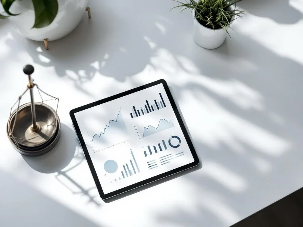 Digital tablet showing financial charts on white desk beside brass balance scale in minimalist workspace with natural lighting