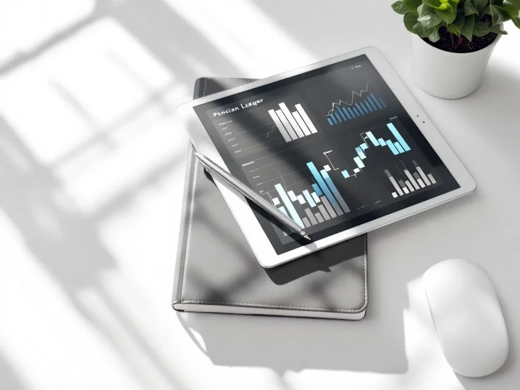 Digital tablet displaying financial charts on white desk with leather pension ledger book and silver pen