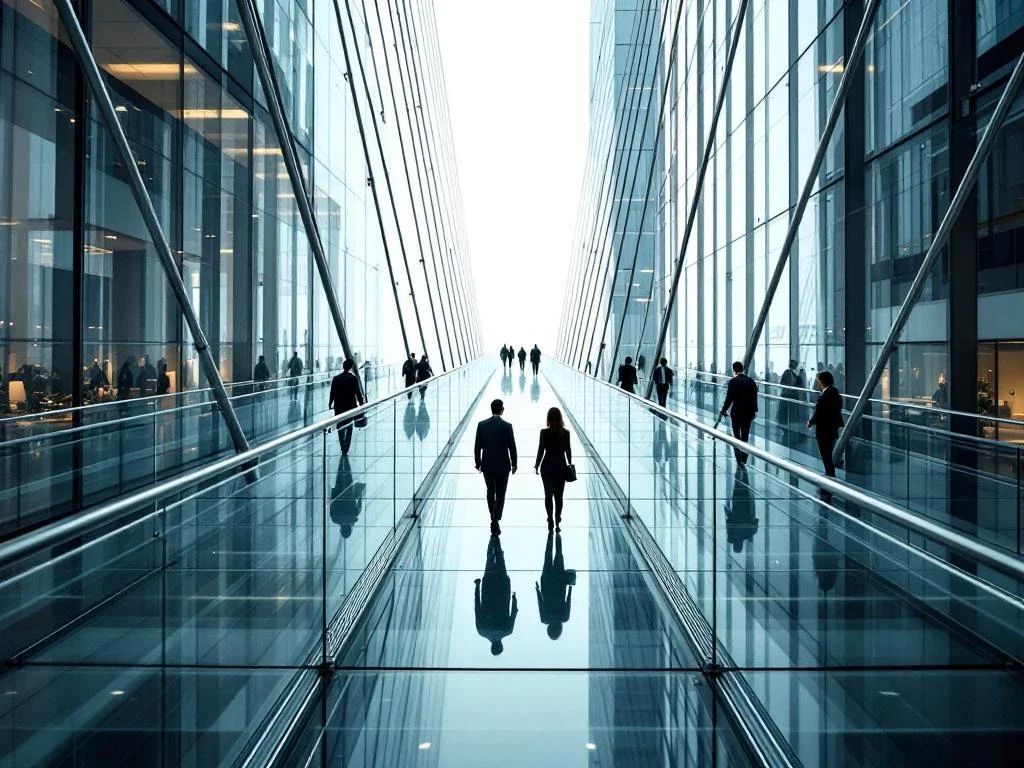 Modern glass bridge connecting office buildings with businesspeople walking across, featuring steel cables and minimalist architecture