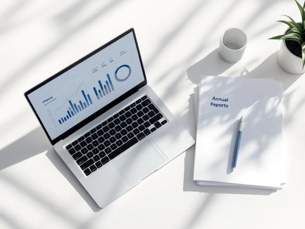 Laptop displaying financial charts on white desk with organised annual reports and geometric pen in minimalist workspace