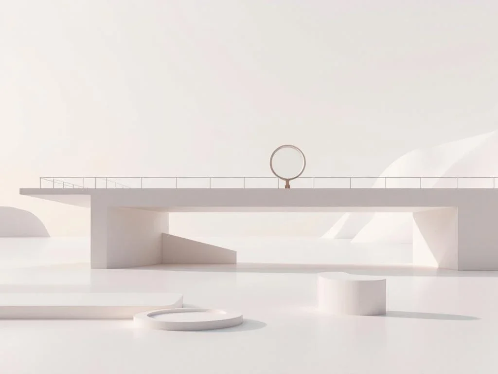 Modern geometric bridge spanning minimalist landscape with magnifying glass examining structural details in soft grey tones