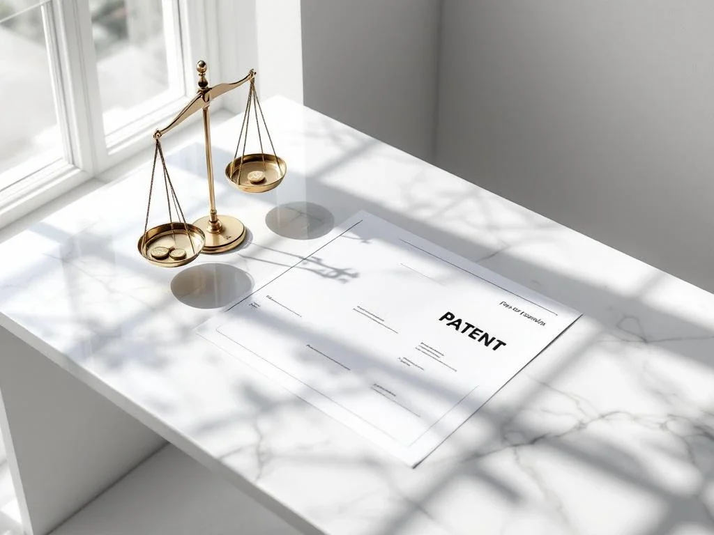 Patent document on marble desk beside golden scale with coins, shot from above in minimalist white office setting