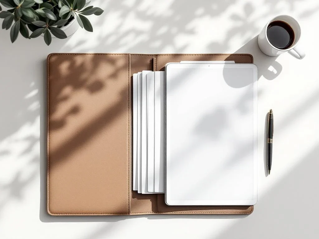 Open leather portfolio with organized documents and digital tablet on white desk with fountain pen in minimalist office